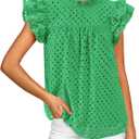 BTFBM Casual Summer Tops for Women 2026 Short Ruffle Sleeves Shirts Crew Neck Hollow Out Lace Embroidered Blouses (Small, Green)