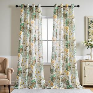 MYSKY HOME Linen Curtains 95 Inch Length Light Filtering Curtains for Living Room Floral Printed Privacy Protect Drapes Set Natural Window Treatment 2 Panels,Yellow and Natural