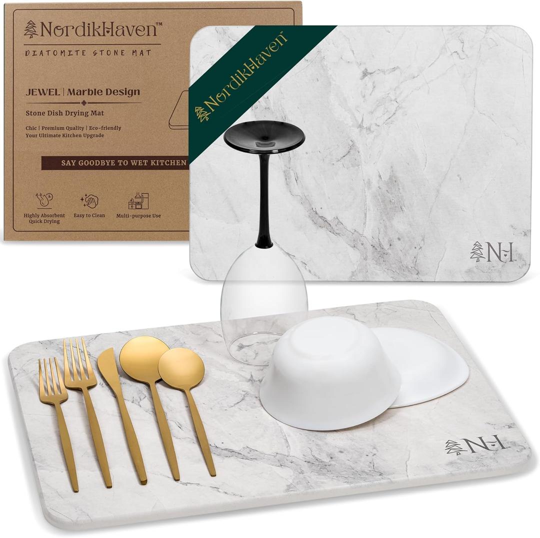 Stone Drying Mat for Kitchen Counter - Replaces Kitchen Towel, Premium Diatomaceous Earth, Ultra Absorbent, Quick Drying Stone Mat, Elegant Marble Design, Non-Slip, 15.8" x 11.8", JEWEL