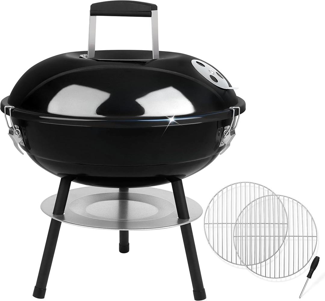 Charcoal Grill with 2 Grilling Racks, Joyfair 14 inch Small Portable BBQ Grill with Locking Lid for Outdoor Camping/Patio/Backyard Barbecue/Tabletop Cooking, Enamel Coated & Dual Vent System (Black)