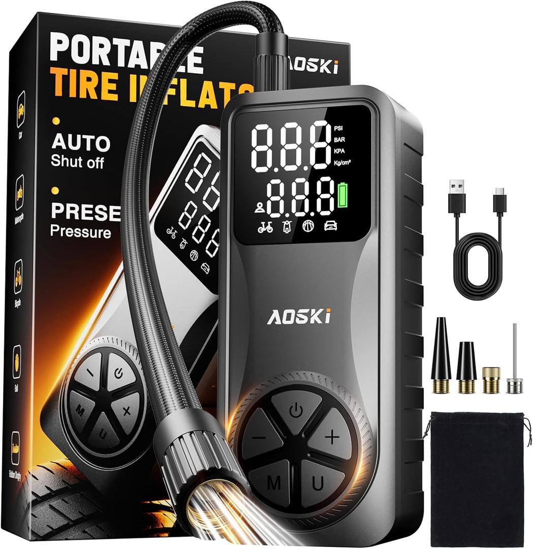 Tire Inflator Portable Air Compressor: 150PSI Rechargeable Air Pump with Digital Pressure Gauge, LED Light and Auto Shut-Off - Fast Inflation for Car, Motorcycle, Bike, and Ball - Black