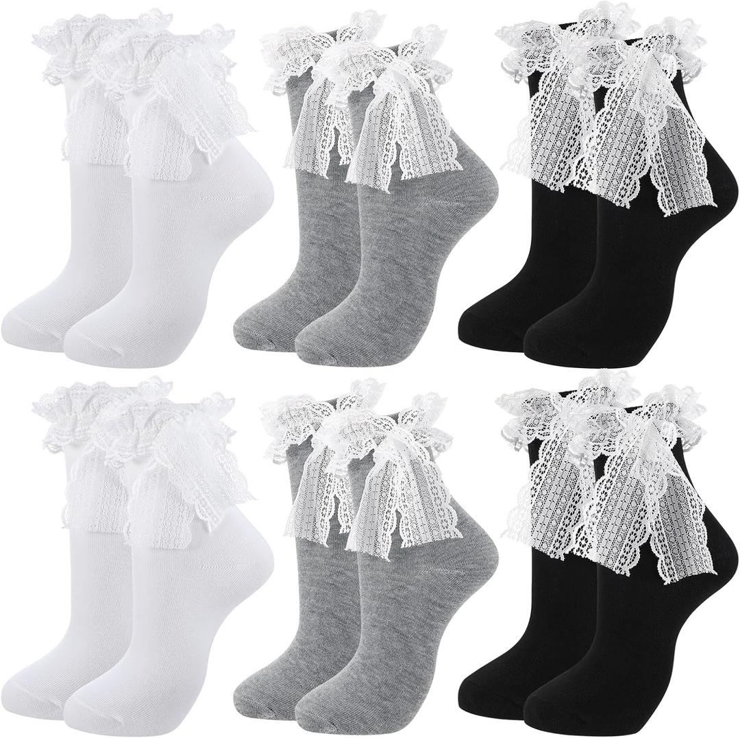 Women Lace Bow Ankle Socks Soft Cotton Ruffle Cute Princess Ankle Dress Lace Sock for Women Girls (White)
