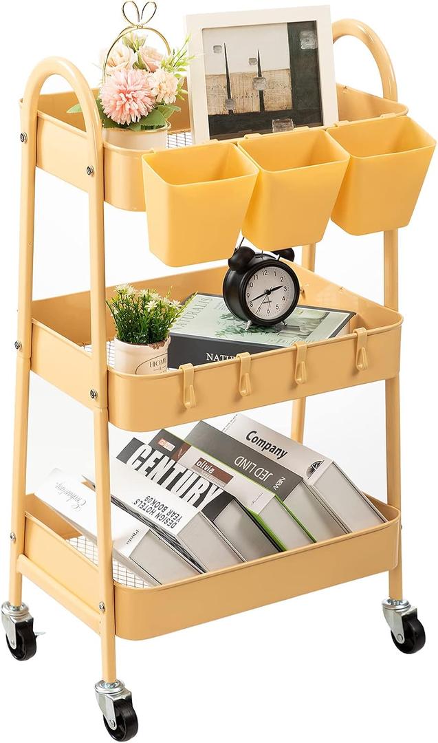 danpinera 3-Tier Rolling Cart, Utility Cart Mobile Metal Rolling Storage Cart with Lockable Wheels & Hanging Cups & Hooks for Kitchen, Bathroom, Office, Workshop, Yellow