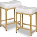 Bar Stools Set of 2, Counter Height Bar Stools for Kitchen Island, 24 Inch Modern White & Gold Saddle Backless Barstools, Counter Stool with Metal Base & Thick Saddle Seats(White+Gold)