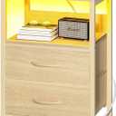 Yoobure Nightstand with Charging Station, LED Night Stand with Fabric Drawers and Storage Shelf for Bedroom, Nightstands Bedside Tables with USB Ports & Outlets, Small Night Stands, Bed Side Table (Natural)