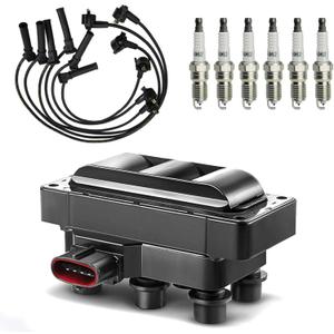 Set of 1 FD480 Ignition Coil Pack & 6 PCS Spark Plugs with Wire Set Compatible with Mazda B3000 Ford Mustang Ranger Mountaineer 1900-2011 2.5L 3.0L 3.2L 4.0L V6 Replacement for DG452 FD490