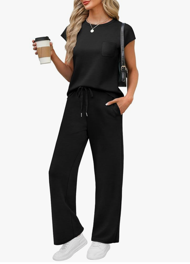 WIHOLL 2 Piece Sets for Women Casual Summer Travel Vacation Outfits Cap Sleeve Lounge Set M