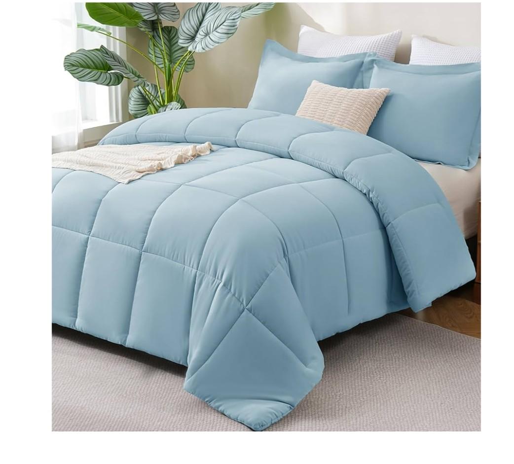 CozyLux Queen Comforter Set - Light Blue Comforters Queen Size, 3 Pieces Box Stitched Bed Set for All Seasons, Soft Lightweight Bedding Sets with 1 Down Alternative Comforter and 2 Pillow Shams, 82 x 86