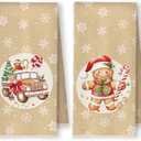 Beige Christmas Gingerbread Kitchen Towels, Cute Christmas Dish Tea Towels, Winter Snowflake Holiday Cookie House Decorative Hand Towel for Bakery Bathroom Kitchen, 16x24 Inch Set of 4