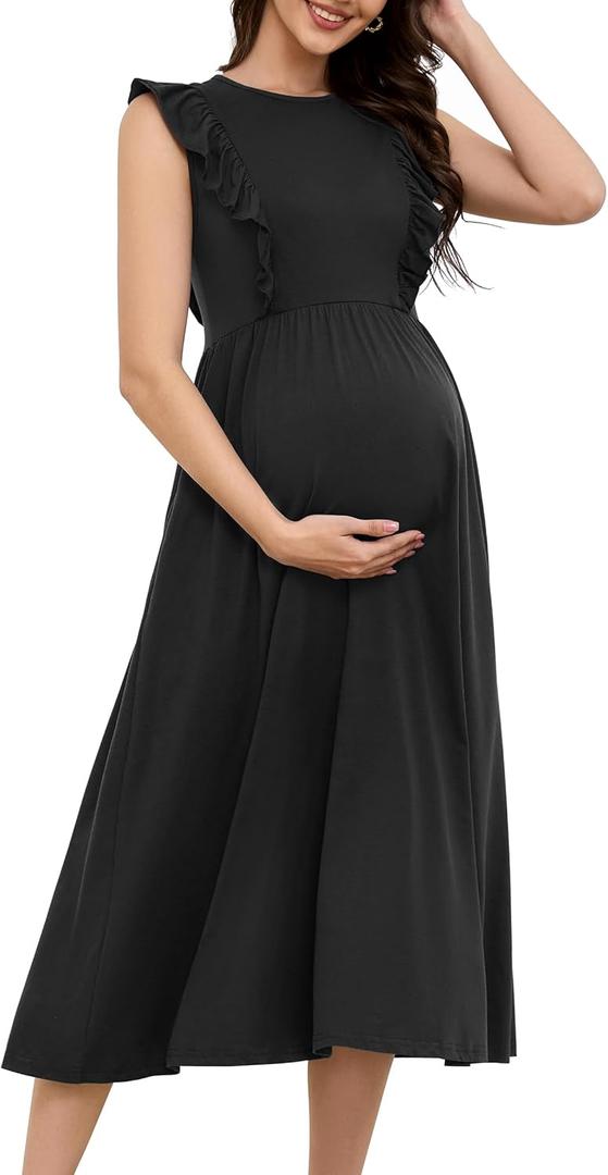 OUGES Womens 2025 Spring Hidden Zipper Nurisng Dress for Breastfeeding Casual Sleeveless Ruffled Midi Maternity Dress (Large, Black)