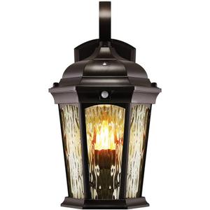 Euri Lighting EFL-130W-MD Flickering Flame Porch Light, Water Glass, with Integrated Security Light (3000K), Motion-Sensor, Dusk-to-Dawn, Oil Rubbed Bronze Housing