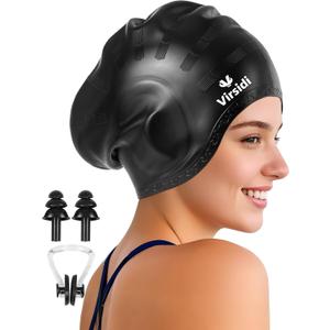 Swim Cap for Long Hair, Silicone Swimming Cap for Adult Women Men with 3D Ear Protection, Waterproof Large Swim Hats Bathing Caps to Keep Hair Dry with Ear Plugs Nose Clip (Black)