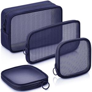 Weewooday 4 Pcs Mesh Makeup Bag Mesh Cosmetic Bag Travel Toiletry Pouch with Zipper Mini Makeup Cosmetic Purse for Daily Accessory(Small, Large, Medium,Navy Blue)