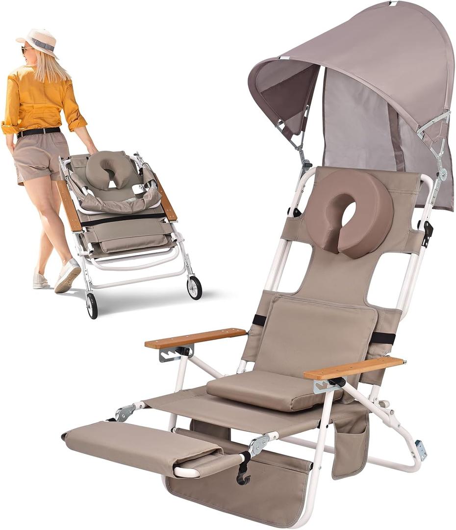 Heavy Duty 5-in-1 Padded Beach Tanning Chair with Face Hole, Wheels, Canopy Shade, Adjustable Backrest & Footrest, Folding Reclining Lay Flat Beach Lounger for Adults Reading Sunbathing Poolside, 2 ft 4.1 in x 2 ft 2.1 in x 1 ft