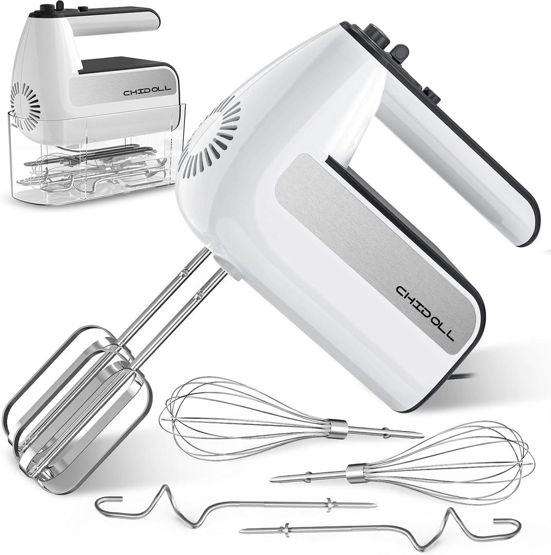 5-Speed Electric Hand Mixer, 800W Handheld Mixer with Turbo for Baking & Cooking, Kitchen Food Mixer with Storage Case & 5 Stainless Steel Attachments (2 Beaters, 2 Dough Hooks, 2 Whisks), White