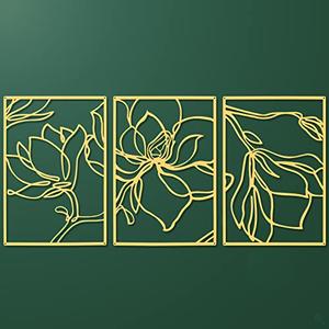 3 Panels Metal Flowers Wall Decor Modern Abstract Nature Floral Line Wall Sculpture Minimalist Decor Metal Home Hanging Wall Art for Home Bedroom Above Bed Wall Decor, 11.8 x 17 Inch (Gold)
