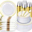 BESTVIP 700PCS Gold Plastic Dinnerware Set for 100 Guests, Disposable Plates for Party, Include: 200 Plastic Plates, 100 Pre Rolled Napkins with Gold Silverware, 100 Cups for Christmas, Halloween