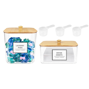 2 Pack Clear Laundry Pods Container & Dryer Sheet Holder Set with Lid, Laundry Containers with Scoops & Labels, Laundry Room Organization and Storage for Laundry Detergent, Pods, Powder, Beads