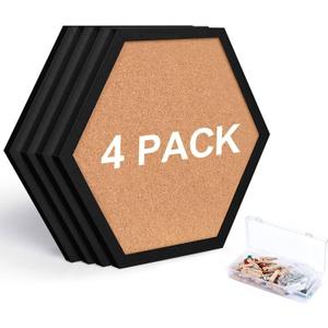 Cork Bulletin Board Hexagon Black, Small Framed Corkboard Tiles for Wall, Thick Decorative Display Boards for Home Office Decor, School Message Board with 16 Push Pin Wood Clips (4 Pack)