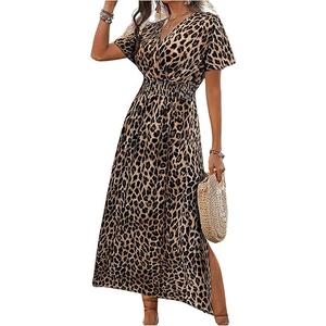 OYOANGLE Women's Leopard Print Short Sleeve Ruffle Long Dress Shirred Waist High Slit Flowy Cheetah Dresses Brown Large