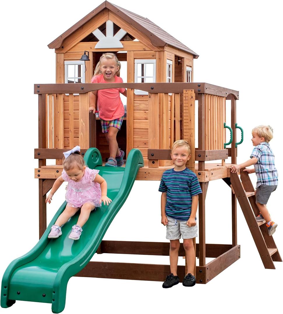 Backyard Discovery Echo Heights Elevated Cedar Wooden Kids Playhouse with Wave Slide, Play Kitchen, Wrap-Around Deck, Flat-Step Ladder, Half Door, Windows, Bell, and Growth Chart for Outdoor Play (Light Brown)