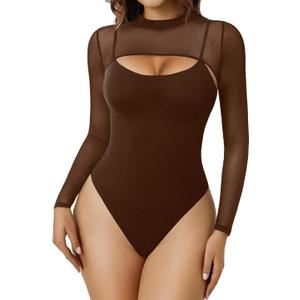Avidlove Womens Long Sleeve Bodysuits Mock Turtle Neck Shapewear Bodysuit Sexy Mesh Bodysuit Two Piece Outfit Cami Tops (Large, Brown)