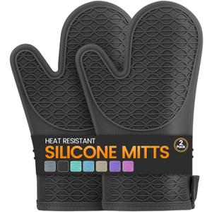 Silicone Oven Mitts, Heat Resistant 2PCS Oven Mitts with Soft Cotton Lining, Waterproof Non-Slip Grip Oven Glove, Kitchen Potholder Mits for BBQ, Baking, Cooking, 12.5 Inch - Black