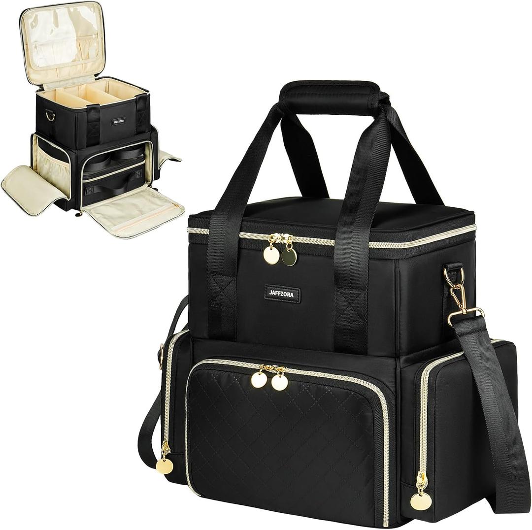 Extra Large Makeup Bag with 3 Removable Cases, Double Layers Travel Cosmetic Storage Organizer Bag with Detachable Dividers, Black