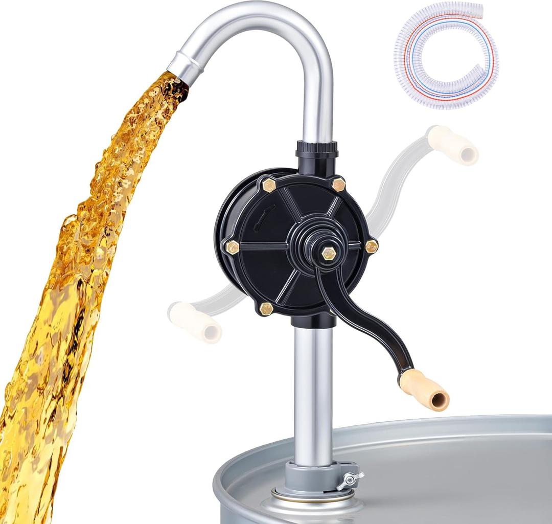 Orion Motor Tech 55 Gallon Drum Pump, Hand Crank Fuel Transfer Pump for 15 to 55 Gallon Drums, Heavy Duty Aluminum Alloy Barrel Pump with 39.4" Discharge Hose for Non Corrosive Fluids Diesel Kerosene (Black)