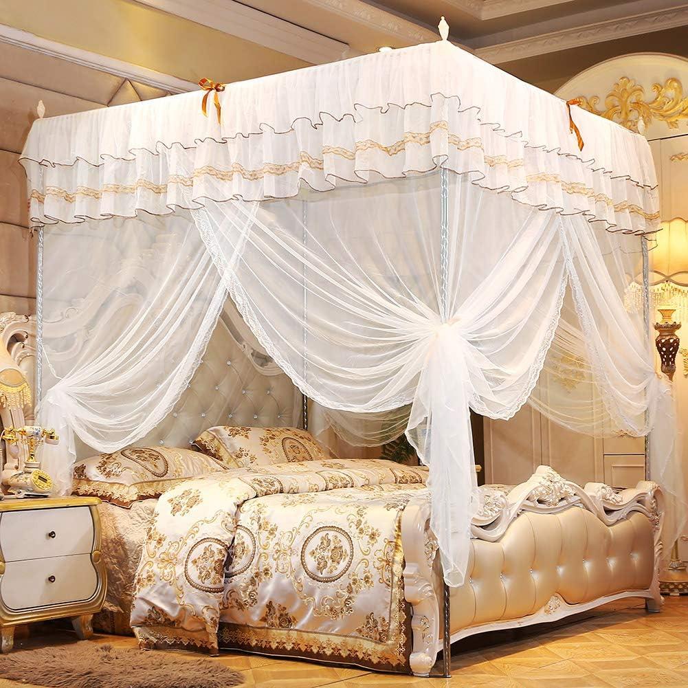 Gavigain Luxury Bed Curtains Canopy, Ruffle Tassel 4 Corner Post Canopy Netting, Bede Canopy Elegant Curtain Net Bed Canopy for Girls Kids Toddlers Crib Adult, Bedding Decor(180 * 200 * 200)
