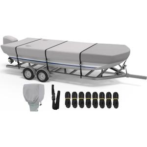 RVMasking Jon Boat Cover - 12-14ft Boat Cover with Motor Cover, 1400D Heavy Duty Front Reinforced Jon Boat Covers, Marine Grade Waterproof & UV Resistant, Fits Beam Width up to 70", Gray