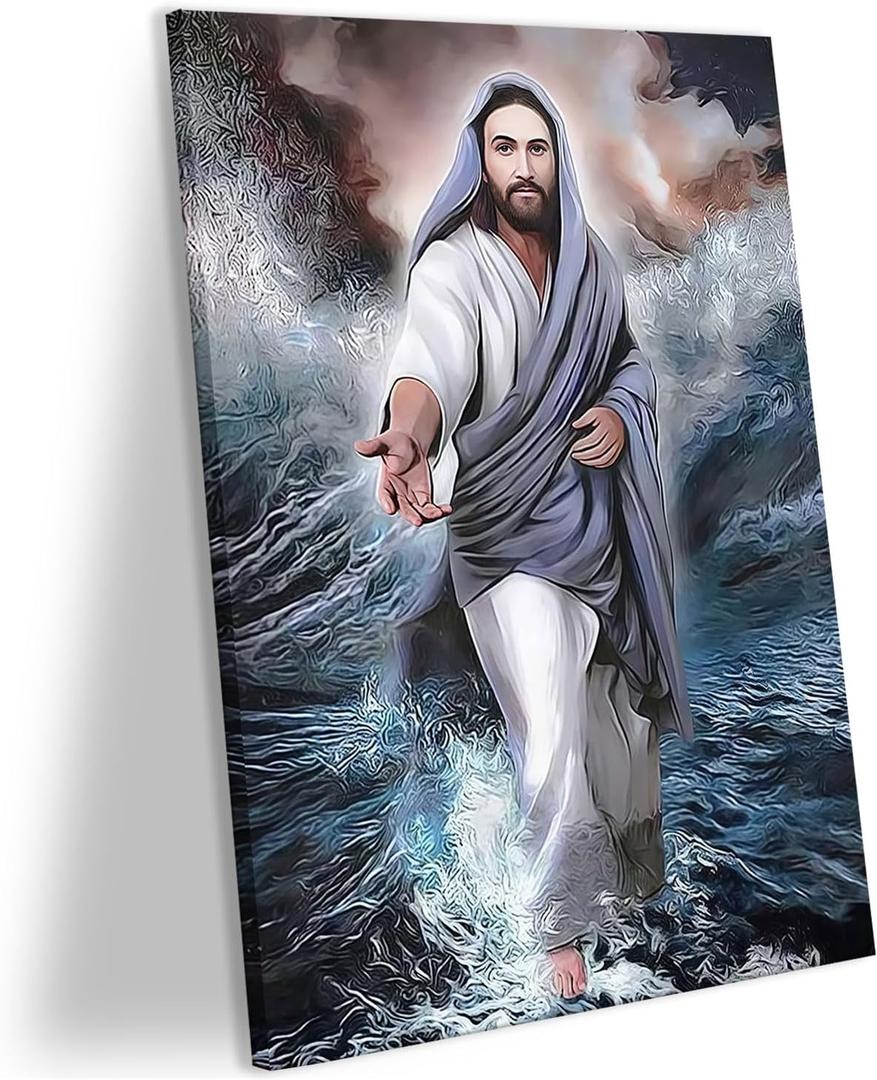 1Pcs Framed Jesus Walking On Water Wall Art Religious Christian Poster Print Inspirational Bible Canvas Artwork For Living Room Or Gallery Display Home Decor 12x16 Inch Ready To Hang