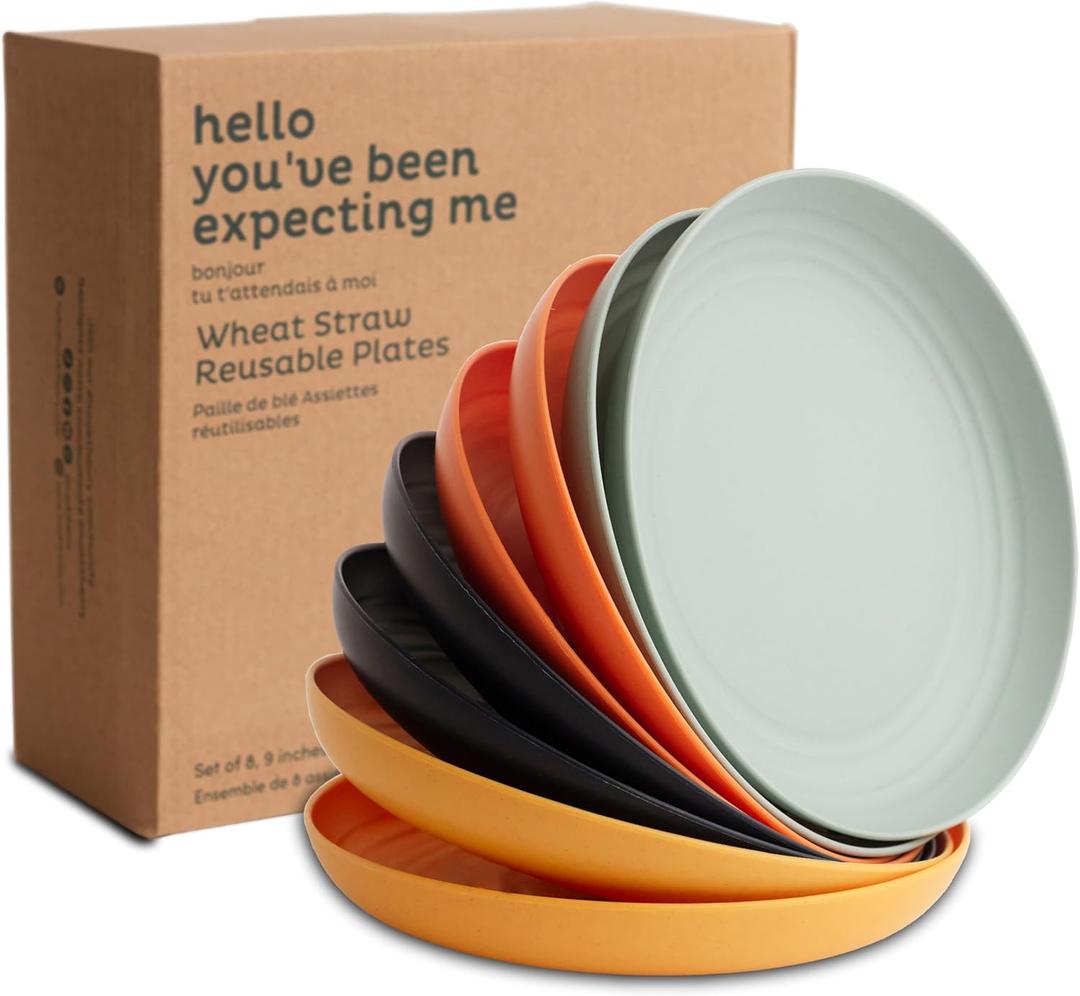 Nook Theory Reusable Wheat Straw Plates 8 Pcs - Non Toxic Kids and Toddler Plate, Microwavable, Dishwasher Safe and Unbreakable Dinnerware (Daybreak 9")