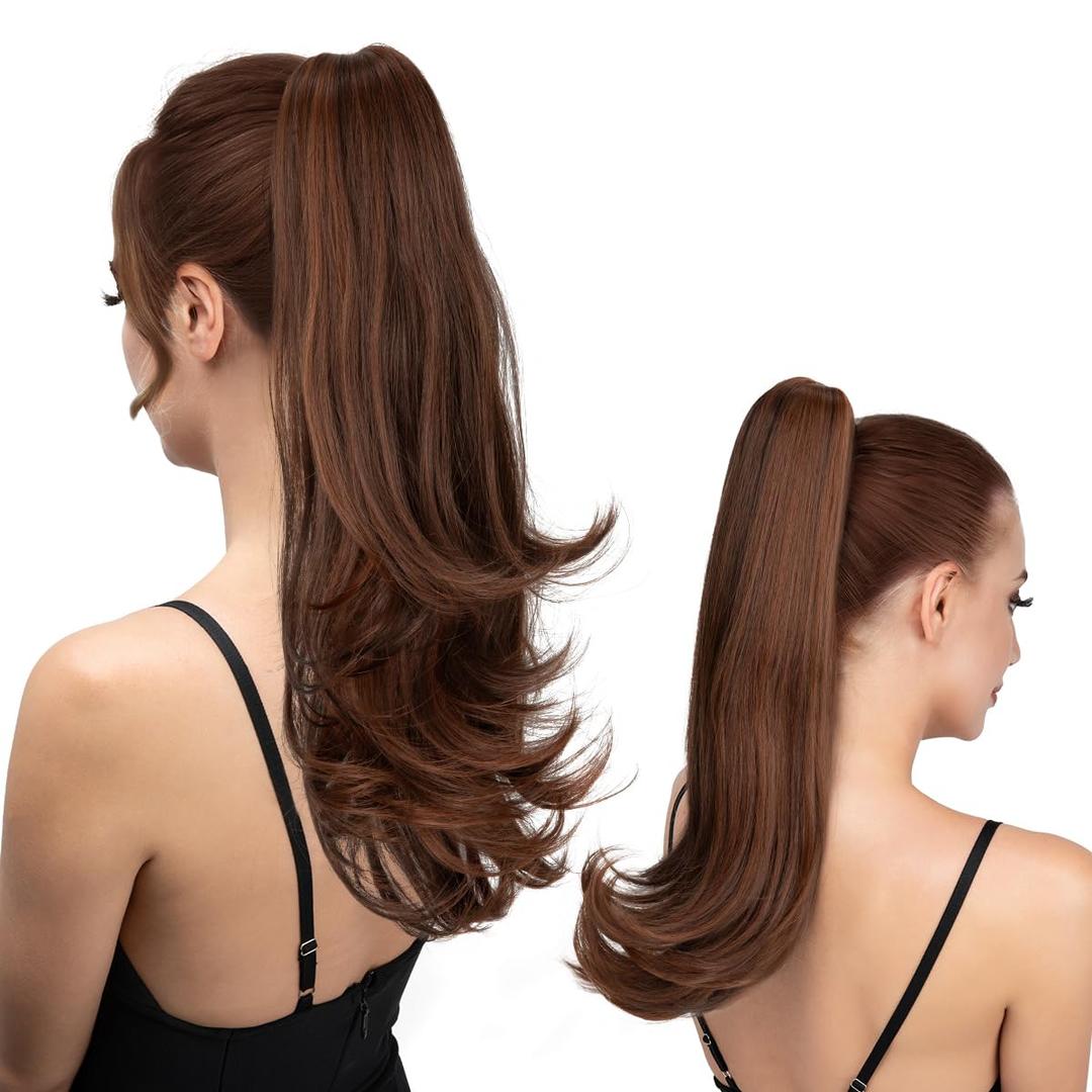 Clip in Ponytail Extension 18 Inch Pony Tails Hair Extensions for Women Long Straight Curly Tail Ponytail Hair piece Synthetic Fake Versatile Pony (Red Vino)