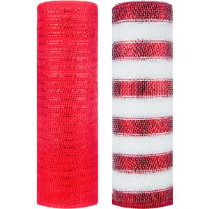 2 Rolls Decor Mesh Poly Ribbons 10 Inch x 30 Feet Each Roll Metallic Foil Mesh Ribbon Christmas Tree Decorative Mesh Red and White Rolls for Xmas Wreaths, Swags and Home Decorating