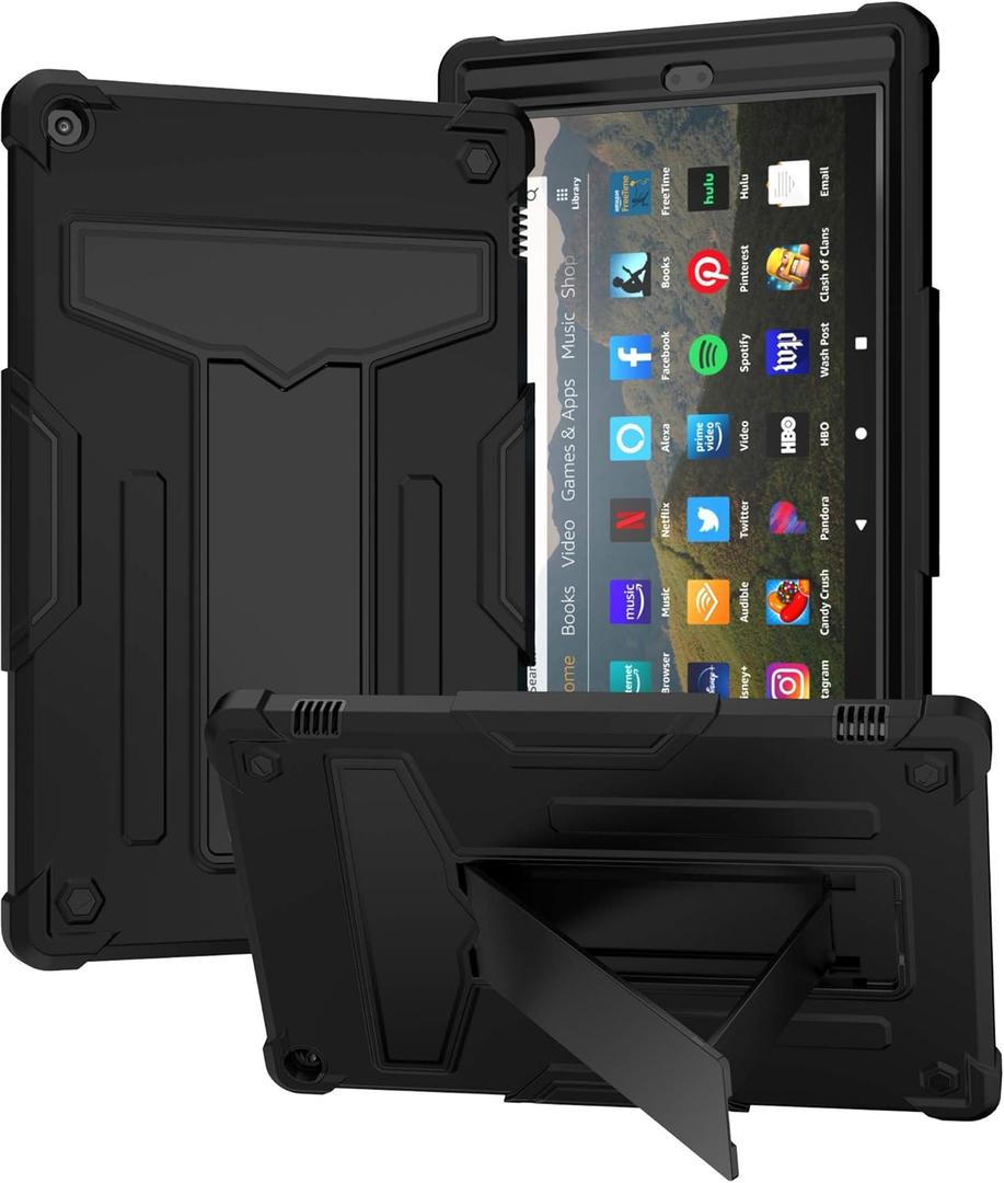 Shockproof Case for Fire HD 10 Tablet (7th/9th Generation, 2017/2019 Version), Techcircle Multi-Angle Heavy Duty Bumper Defender Child Proof Rugged Case w/Kickstand Silicone Hybrid Cover, Black (10.1" 2019/2017, 9th/7th gen)