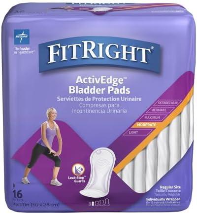FitRight Incontinence Bladder Control Pads, Moderate Absorbency, 4.3" x 11", 16 Count