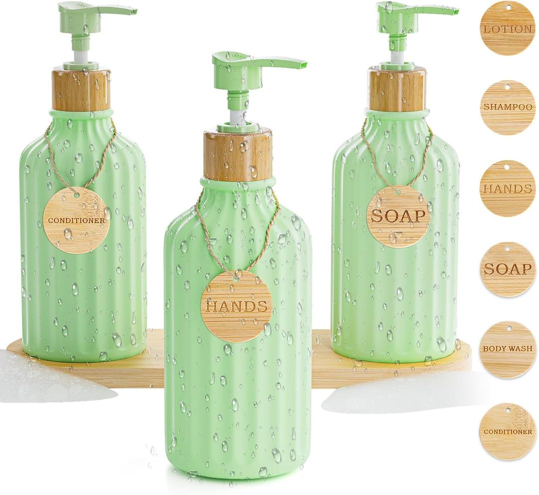 Shampoo and Conditioner Dispenser Set of 3, 16OZ Refillable Green Shampoo and Conditioner Bottles Extra-Thick Plastic Empty Body Wash Dispenser with Pump and Tray Tags Bathroom Shower Soap Dispenser