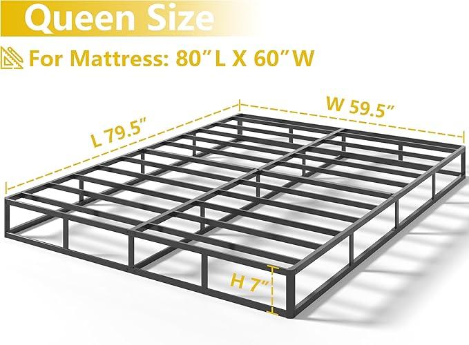 Qingzhou Box Spring for Queen Bed, 7 Inch High Metal Queen Box Spring Only, Heavy Duty Mattress Foundation with Fabric Cover, Easy Assembly, Quiet Noise Free, Non Slip, Black