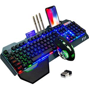 Wireless Gaming Keyboard and Mouse,Rainbow Backlit Rechargeable Keyboard Mouse with 3800mAh Battery Metal Panel,Removable Hand Rest Mechanical Feel Keyboard and 7 Color Gaming Mute Mice for PC Gamers