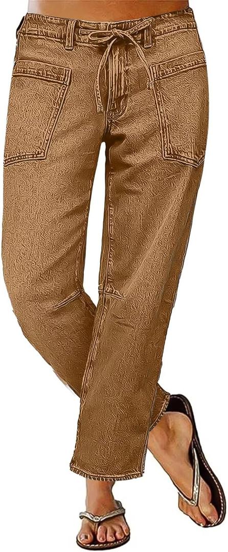 Flamingals Women's Mid Waist Straight Leg Jeans Drawstring Cropped Jeans Women Stretchy (Medium, Brown)