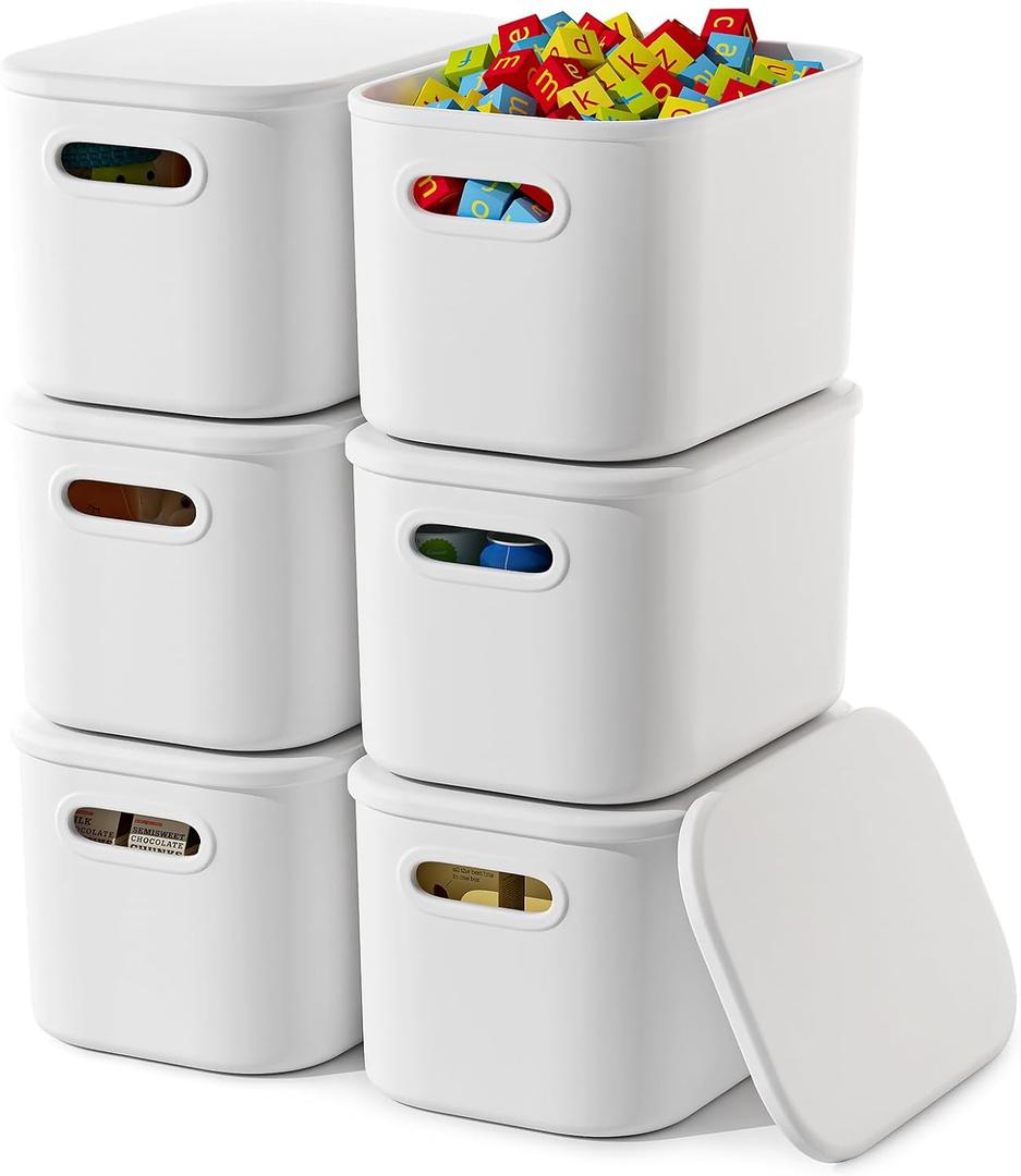 6 Pack White Storage Bins with Lids Stackable Storage Container for Organizing, Storage Boxes with Handle for Shelves, Cute Organizer Bins for Craft, Snacks, 9.85x6.9x5.7 inch
