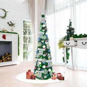 FHOZGECY Pop Up Christmas Tree with Lights, 5FT Collapsible Tinsel Pencil Christmas Tree with White Ornaments and 8 Lighting Modes, Easy Setup and Organize for Home Office Party Holiday Decor