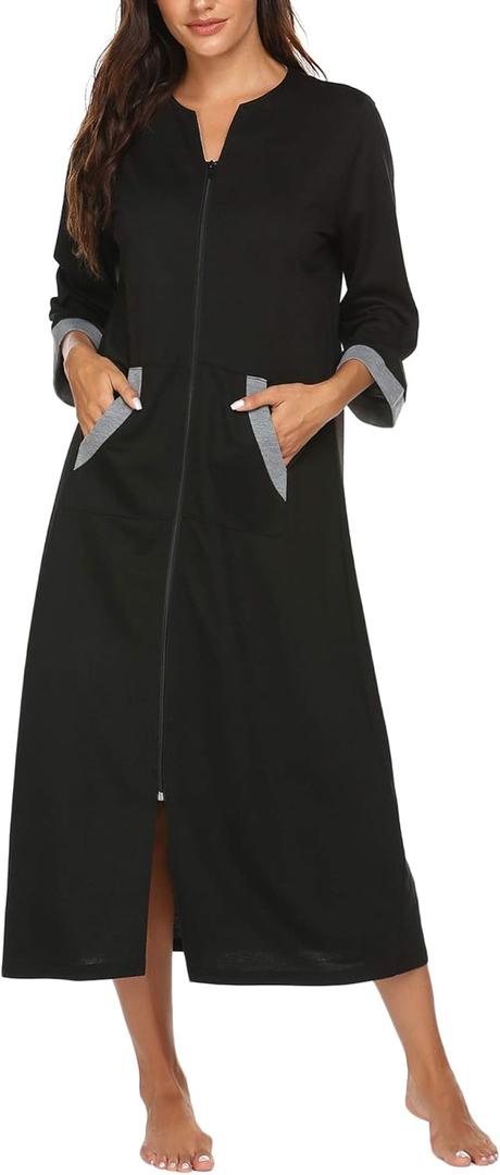 Ekouaer Women Zipper Robe 3/4 Sleeves Loungewear Dress Full Length Sleepwear Pockets Housecoat Nightgown Long Bathrobe Large
