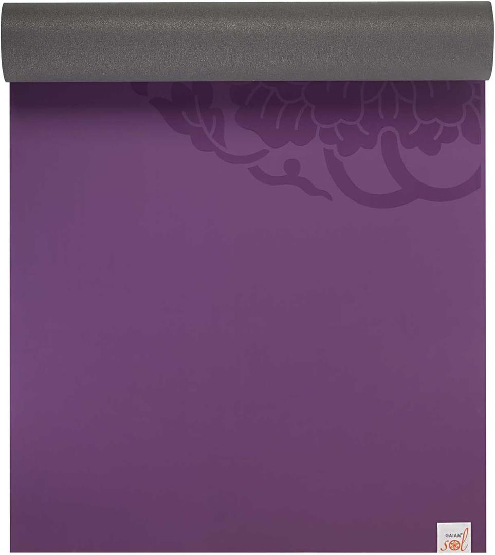 Gaiam Dry-Grip Yoga Mat - 5mm Thick Non-Slip Exercise & Fitness Mat for Standard or Hot Yoga, Pilates and Floor Workouts - Cushioned Support, Non-Slip Coat - 68 x 24 Inches (Purple)