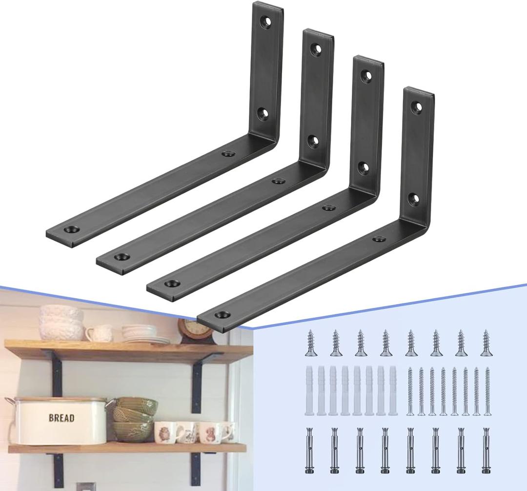 CLT Black Shelf Bracket, 6 X 4 Quarter Inch (1/4") Thick- Max Load: 330 lb Rustic Industrial Modern Farmhouse Heavy Duty Cold Rolled Steel Bracket for Table Bench, Space Saving DIY, Pack of 4