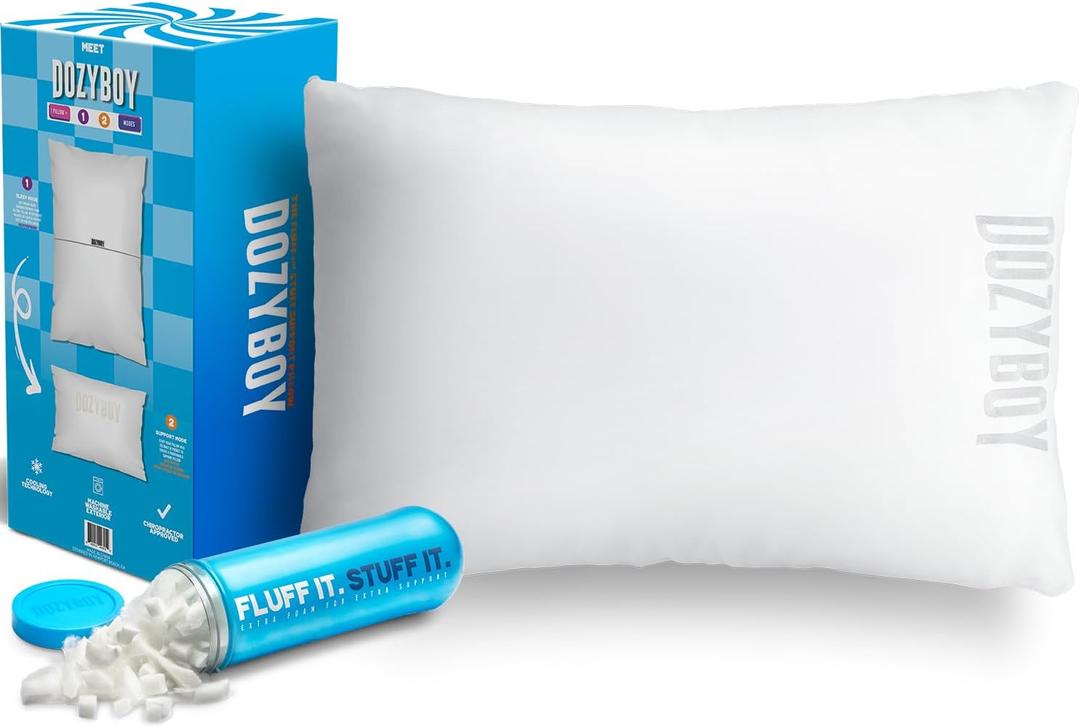 Fluff and Stuff Comfort Pillow | Queen Size Memory Foam Pillows, Chiropractor Designed and Approved 2-in-1 Back Support and Bed Pillows | Fully Adjustable Pillow (White, Queen (Pack of 1))