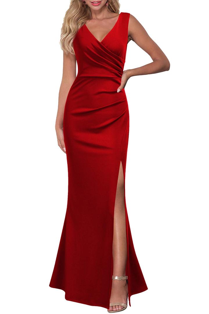 WOOSEA Women Sleeveless V Neck Split Evening Cocktail Long Dress Red (Red, XL)