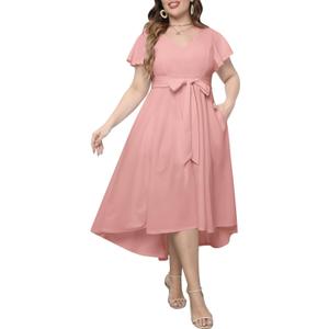 Pinup Fashion Plus Size Wedding Guest Dress Formal - Flutter Sleeve Cocktail Party High Low Dresses with Pockets (Blush Pink), 16W