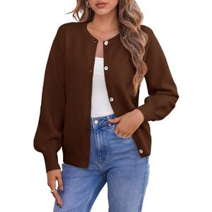 Saodimallsu Womens Button Down Cardigan Sweaters Crew Neck Long Sleeve Open Front Loose Fall Soft Knit Sweater Coats (Small, Coffee)
